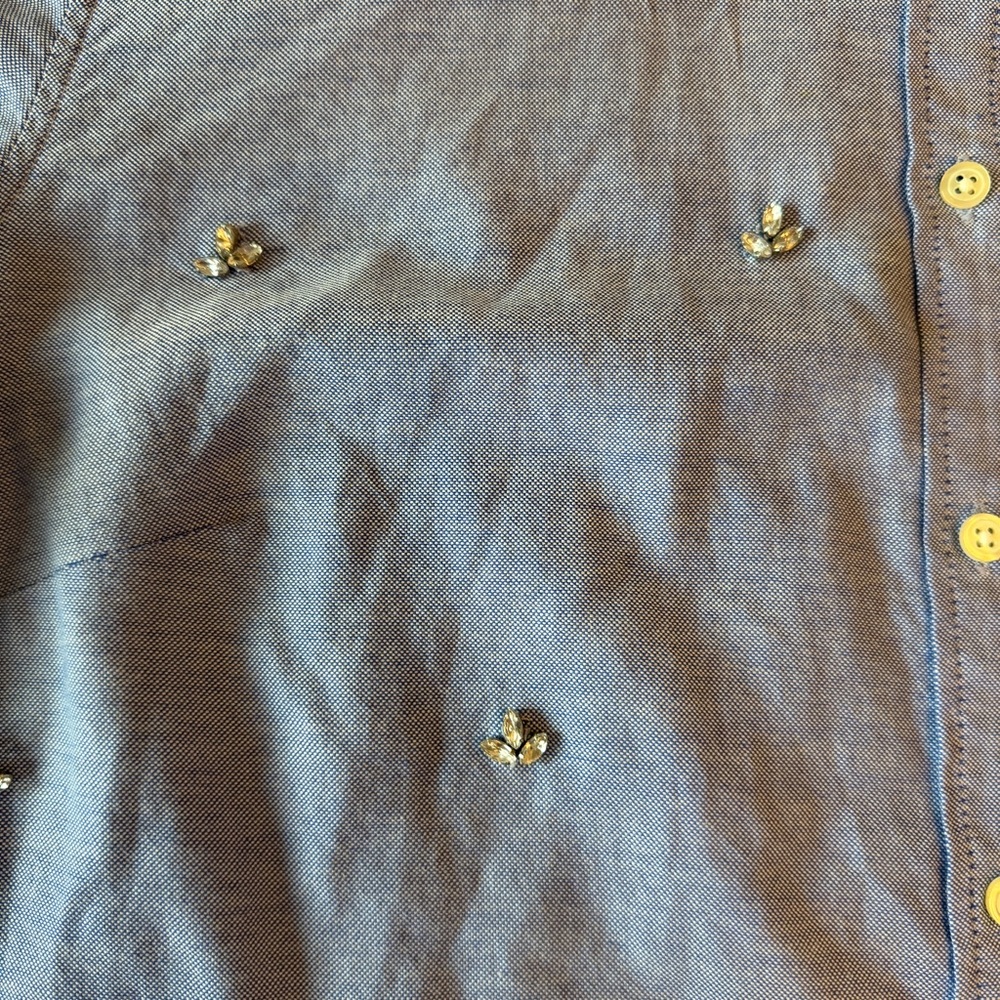Talbots Blue Fleur De Lis Oxford Button-Up Shirt with Rhinestones Size 14 - Picture 3 of 7